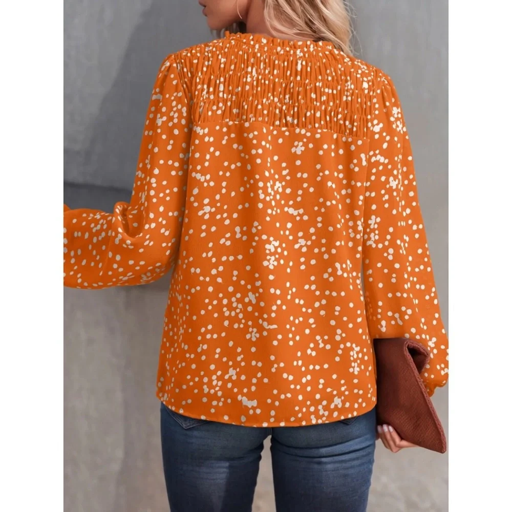 Dokotoo Orange Pleated Long Sleeve V Neck Smocked Printed Chiffon Blouse - Picture 2 of 8